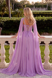 Sparkly Lilac A-Line Spaghetti Straps Ruched Long Prom Dress with Cape