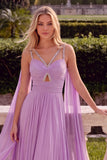 Sparkly Lilac A-Line Spaghetti Straps Ruched Long Prom Dress with Cape