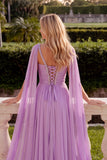 Sparkly Lilac A-Line Spaghetti Straps Ruched Long Prom Dress with Cape