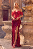 Sparkly Sequins Red Corset Mermaid Off the Shoulder Long Prom Dress with Bow