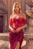 Sparkly Sequins Red Corset Mermaid Off the Shoulder Long Prom Dress with Bow