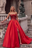 Sparkly Red Corset Sequins Ball Gown Strapless Long Prom Dress with 3D Flower