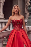 Sparkly Red Corset Sequins Ball Gown Strapless Long Prom Dress with 3D Flower