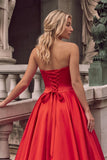 Sparkly Red Corset Sequins Ball Gown Strapless Long Prom Dress with 3D Flower