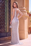 Sparkly Silver Mermaid V-Neck Sequins Fringed Long Prom Dress with Slit