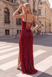 Sparkly Red Mermaid Spaghetti Straps Fringed Long Prom Dress with Slit