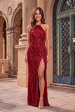 Red Sheath Halter Sparkly Long Sequins Prom Dress with Fringes