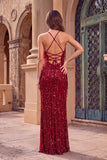 Red Sheath Halter Sparkly Long Sequins Prom Dress with Fringes