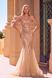 Sparkly Golden Mermaid Strapless Beaded Long Prom Dress