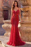 Sparkly Red Mermaid Spaghetti Straps Beaded Long Prom Dress
