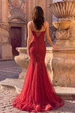Sparkly Red Mermaid Spaghetti Straps Beaded Long Prom Dress