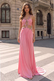 Sparkly Pink Cut Out Ruched Long Prom Dress with Rhinestone
