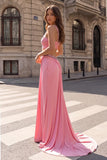 Sparkly Pink Cut Out Ruched Long Prom Dress with Rhinestone
