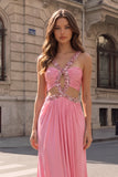 Sparkly Pink Cut Out Ruched Long Prom Dress with Rhinestone