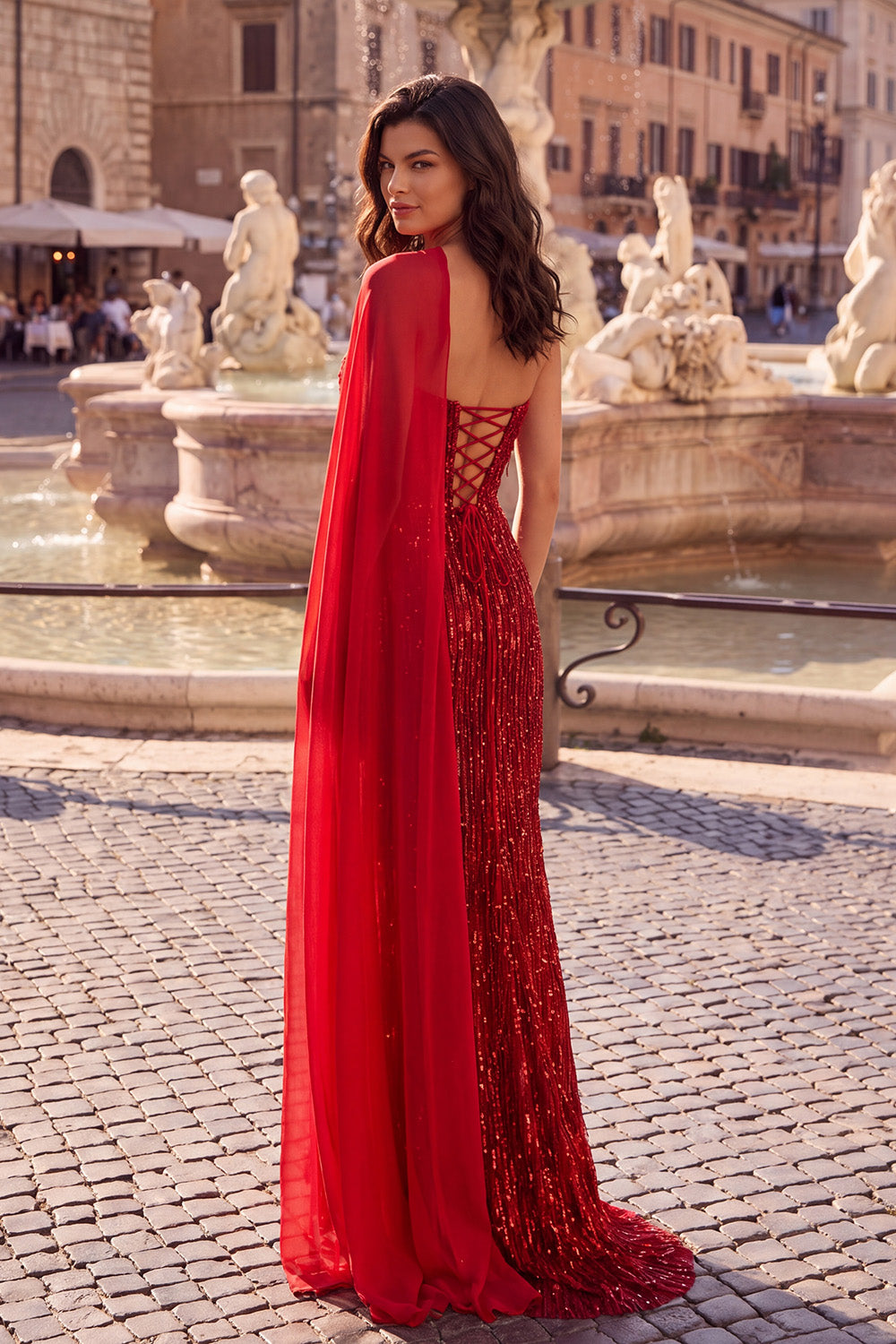 Leely Women Red Long Sparkly Prom Dress with Cape Sheath Strapless ...