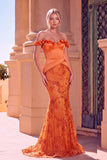 Orange Sparkly Corset Mermaid Long Sequins Beaded Prom Dress with 3D Flower