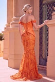Orange Sparkly Corset Mermaid Long Sequins Beaded Prom Dress with 3D Flower