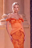 Orange Sparkly Corset Mermaid Long Sequins Beaded Prom Dress with 3D Flower