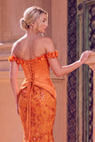 Orange Sparkly Corset Mermaid Long Sequins Beaded Prom Dress with 3D Flower