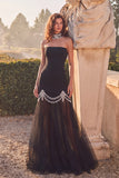 Black Sparkly Mermaid Strapless Tulle Long Prom Dress with Rhinestone