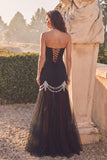 Black Sparkly Mermaid Strapless Tulle Long Prom Dress with Rhinestone
