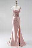 Pink Floral Sparkly Sequins Long Beaded Mermaid Prom Dress with Slit