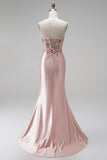 Pink Floral Sparkly Sequins Long Beaded Mermaid Prom Dress with Slit