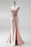 Pink Floral Sparkly Sequins Long Beaded Mermaid Prom Dress with Slit