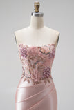 Pink Floral Sparkly Sequins Long Beaded Mermaid Prom Dress with Slit