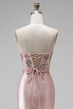 Pink Floral Sparkly Sequins Long Beaded Mermaid Prom Dress with Slit