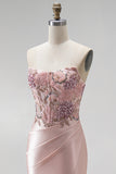 Pink Floral Sparkly Sequins Long Beaded Mermaid Prom Dress with Slit