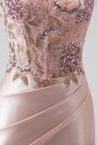 Pink Floral Sparkly Sequins Long Beaded Mermaid Prom Dress with Slit