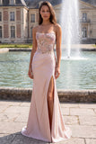 Pink Floral Sparkly Sequins Long Beaded Mermaid Prom Dress with Slit