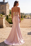 Pink Floral Sparkly Sequins Long Beaded Mermaid Prom Dress with Slit
