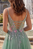 Sparkly Sequins Beaded Sage Green Floral Long A-Line Prom Dress