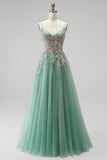 Sparkly Sequins Beaded Sage Green Floral Long A-Line Prom Dress