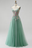 Sparkly Sequins Beaded Sage Green Floral Long A-Line Prom Dress