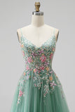 Sparkly Sequins Beaded Sage Green Floral Long A-Line Prom Dress