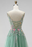 Sparkly Sequins Beaded Sage Green Floral Long A-Line Prom Dress