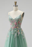 Sparkly Sequins Beaded Sage Green Floral Long A-Line Prom Dress