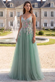 Sparkly Sequins Beaded Sage Green Floral Long A-Line Prom Dress