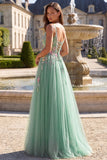Sparkly Sequins Beaded Sage Green Floral Long A-Line Prom Dress