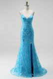 Blue Sparkly Beaded Spaghetti Straps Mermaid Floral Long Prom Dress with Slit