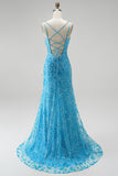 Blue Sparkly Beaded Spaghetti Straps Mermaid Floral Long Prom Dress with Slit