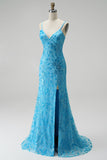 Blue Sparkly Beaded Spaghetti Straps Mermaid Floral Long Prom Dress with Slit