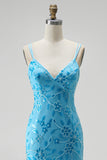Blue Sparkly Beaded Spaghetti Straps Mermaid Floral Long Prom Dress with Slit