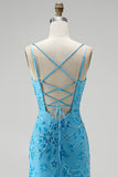 Blue Sparkly Beaded Spaghetti Straps Mermaid Floral Long Prom Dress with Slit