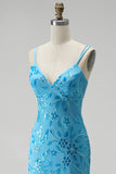 Blue Sparkly Beaded Spaghetti Straps Mermaid Floral Long Prom Dress with Slit