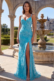 Blue Sparkly Beaded Spaghetti Straps Mermaid Floral Long Prom Dress with Slit