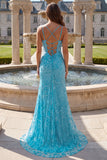 Blue Sparkly Beaded Spaghetti Straps Mermaid Floral Long Prom Dress with Slit